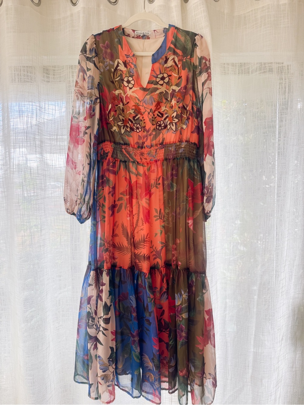 Floral Tiered Chiffon Midi Dress in Coral Multi - (see and be seen)